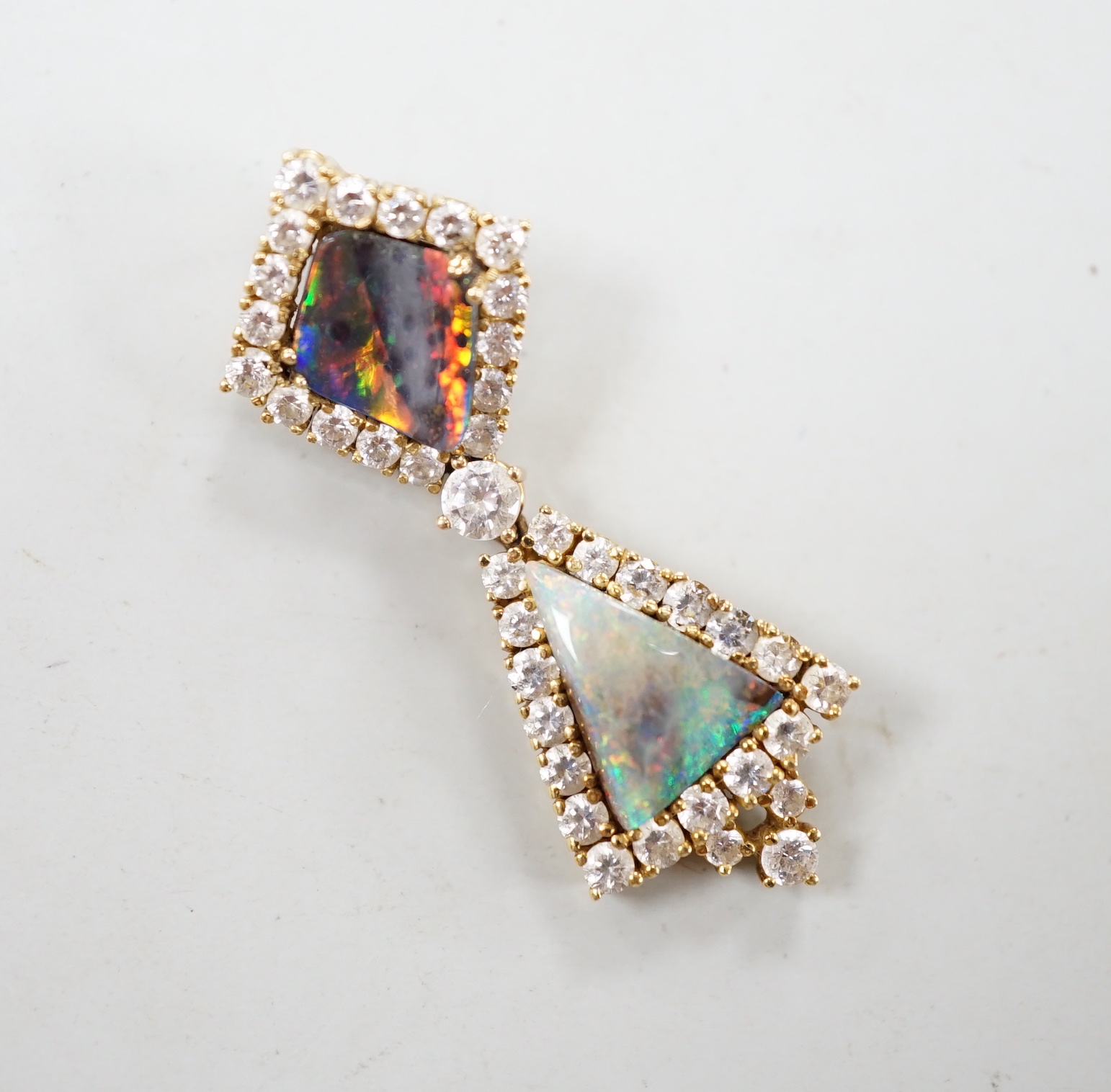 A modern 18k gold, two stone opal and white sapphire? cluster set drop pendant, 40mm, gross weight 5.7 grams.